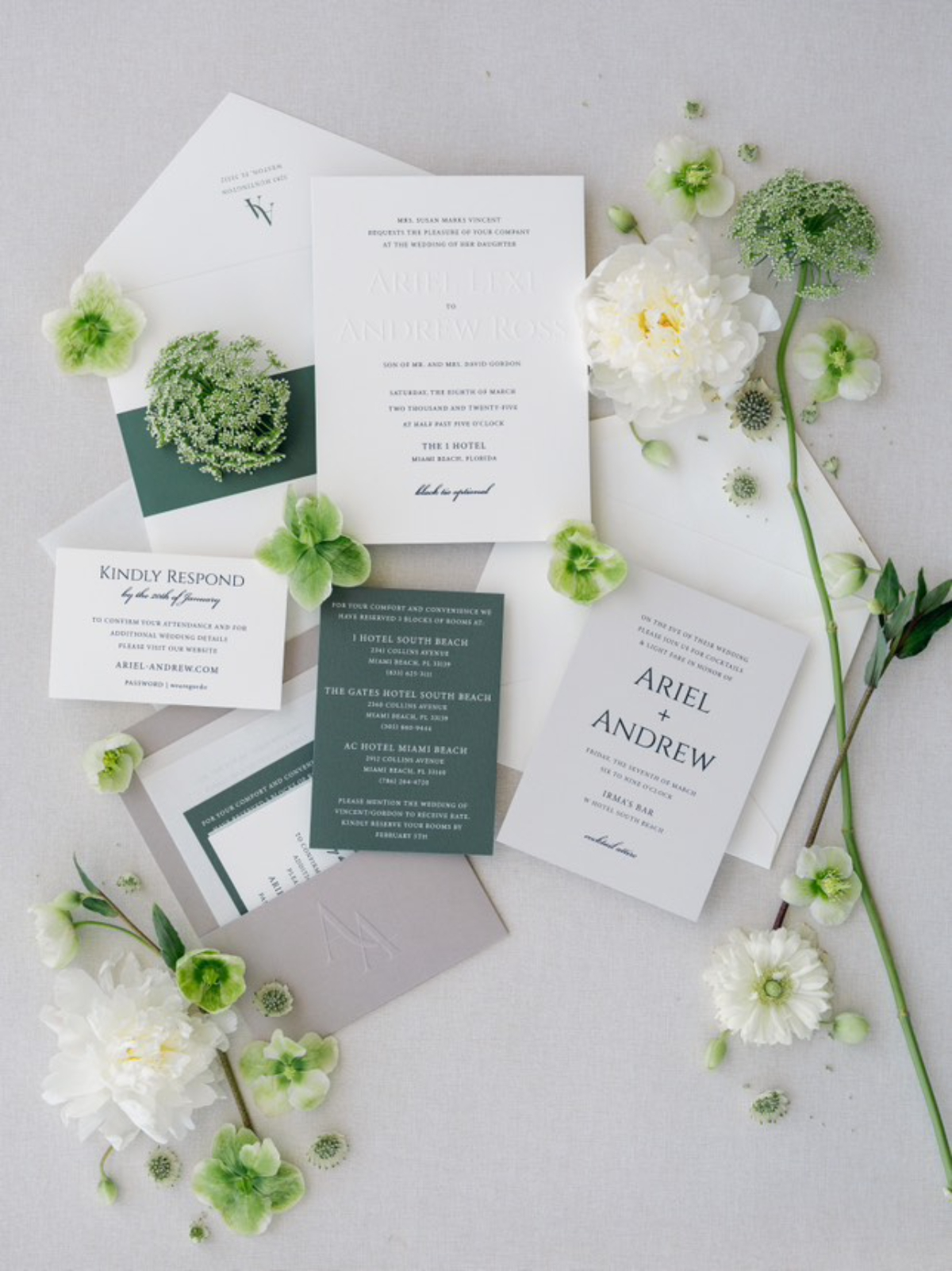 Clean, modern invitation suite with green accents and airy florals, a fresh custom wedding invitation design combining simplicity, balance, and natural styling.