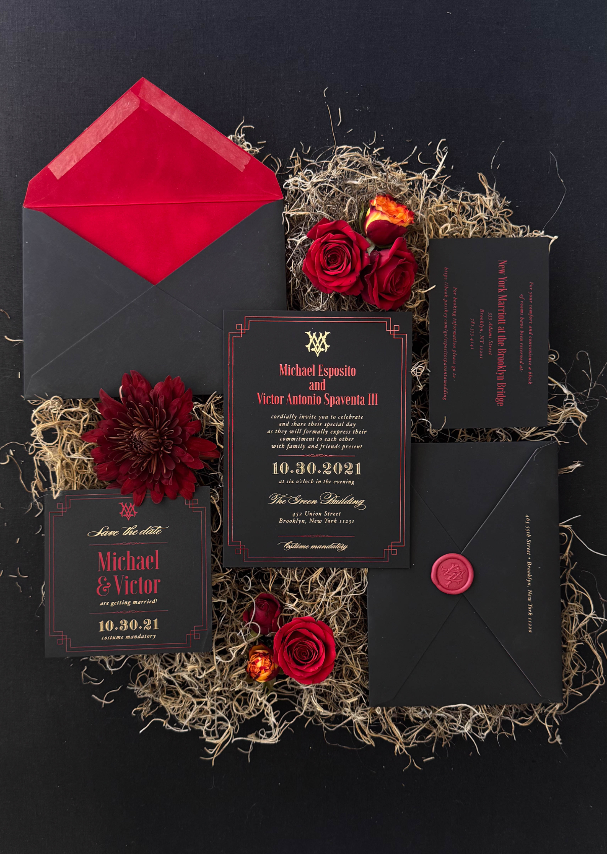 Dramatic black and red invitation suite with wax seal, bold typography, and floral accents, a custom wedding invitation design with a moody, luxurious aesthetic.