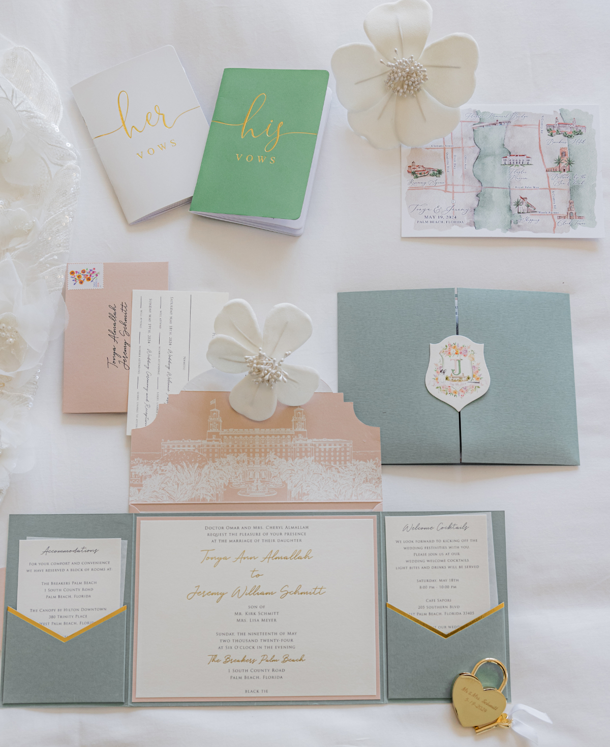 Flat lay of wedding stationery, vow books, and custom invitations inspired by Florida venues, highlighting cohesive design details for a destination wedding in Florida.