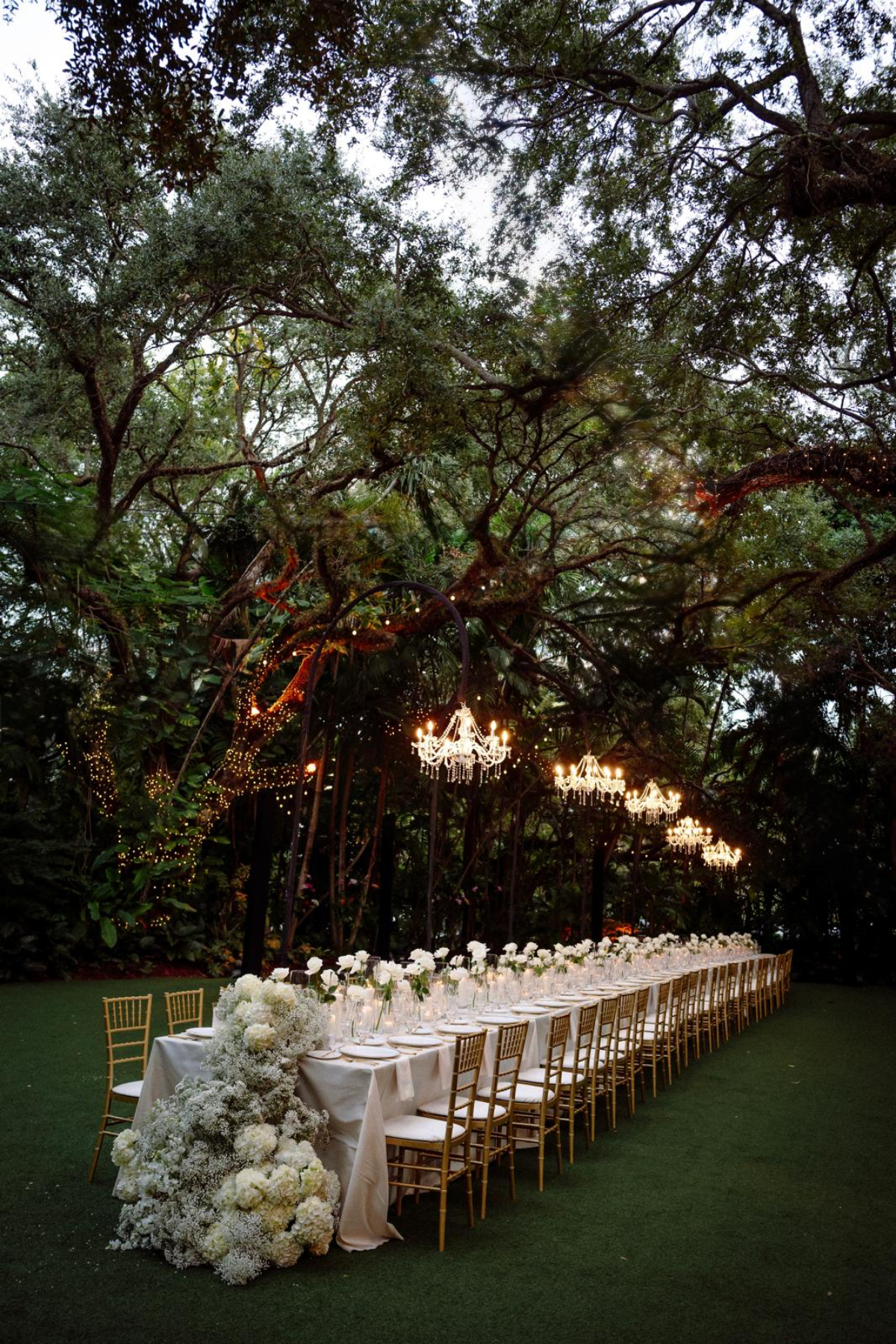 Long reception table set under sprawling trees with chandeliers and string lights, creating an intimate outdoor dining experience that feels magical for a destination wedding in Florida.